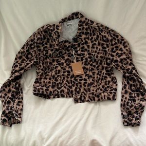 Reformation leopard print cropped denim jacket